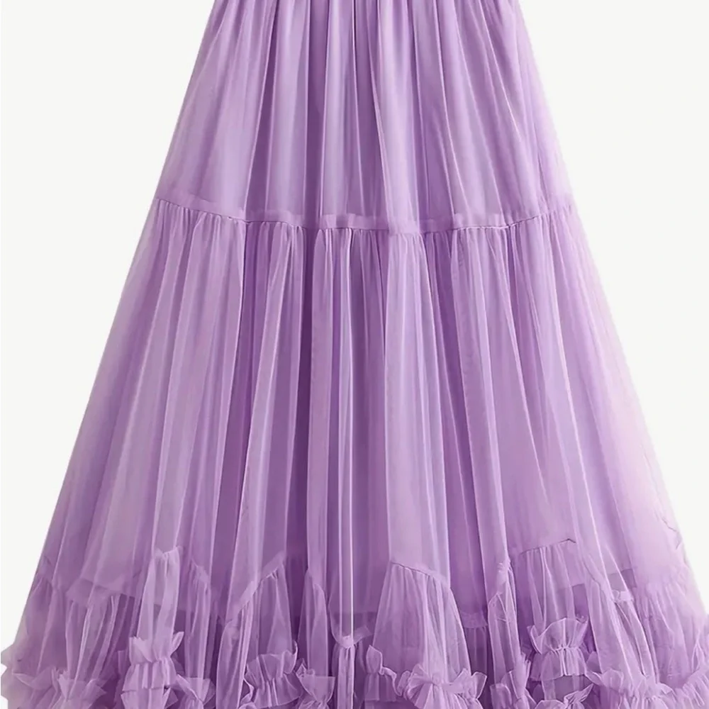 Lilac Chiffon Mesh Sheer Ruffled Layered Maxi Skirt (One size) - Picture 2 of 5